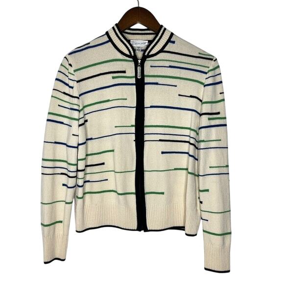 St John Sport Zip Front Blue Green White Striped Cardigan Size Medium Women's - Picture 1 of 9